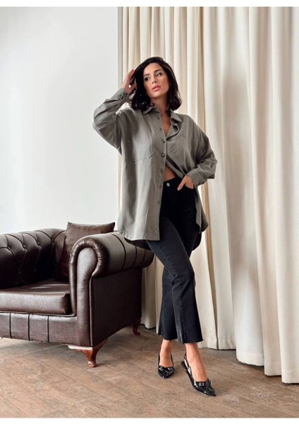 Kadın Kahverengi Oversize Salaş Uzun Kollu Gömlek – Rahat Kesim Şık Günlük Gömlek fırsatları