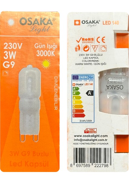 (1 adet) Osaka 3W Sarı Işık (3000K) Buzlu Dim Edilebilir G9 Duylu LED Kapsül Ampul fiyatları