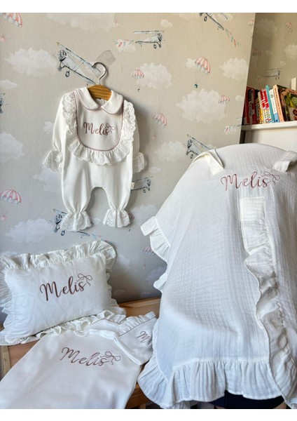 Isme Özel Nakışlı 6’lı Yeni Doğan Bebek Seti – Tulum, Battaniye, Yastık, Şapka, Puset Örtüsü modelleri