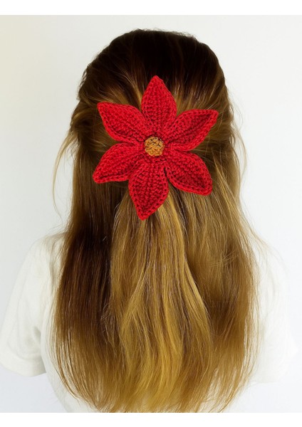 El Yapımı Kırmızı Tığ Işi Çiçek Saç Tokası, Örgü, Altın Renkli Merkezli, Saç Aksesuarı modelleri