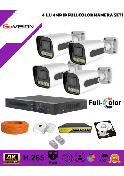 Go Vision 4'lü Güvenlik Ip Kamera Seti - 4mp Dış Mekan Kamera, 3.6mm Lens, H.265, Poe, Warm LED Gece Görüşlü