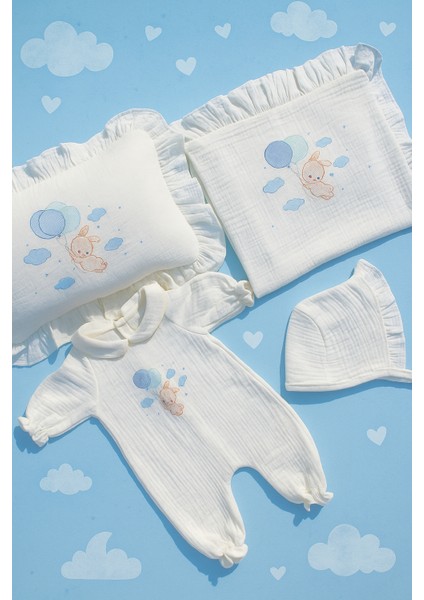 Balon Tavşan Isme Özel 6'lı Yenidoğan Set %100 Pamuk Tulum Battaniye Şapka Yastık Puset Örtü Eldivn