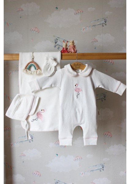 Flamingo Nakış Isme Özel 6'lı Bebek Set %100 Pamuk Tulum Battaniye Şapka Eldiven Puset Örtü Yastık