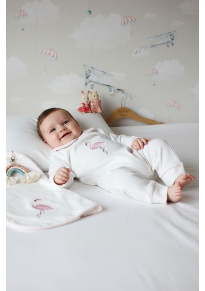 Flamingo Nakış Isme Özel 6'lı Bebek Set %100 Pamuk Tulum Battaniye Şapka Eldiven Puset Örtü Yastık fiyatları