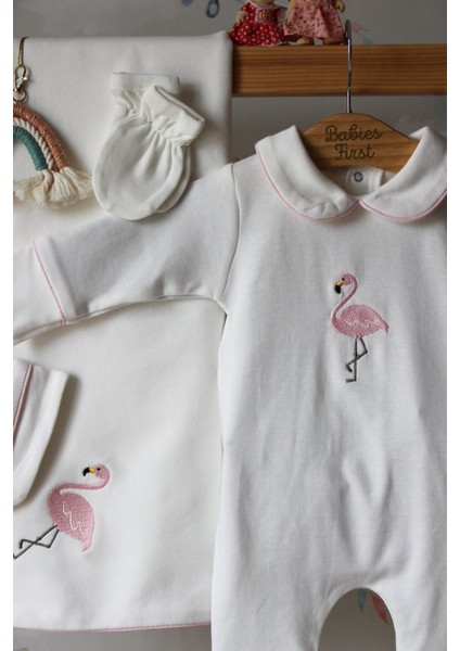 Flamingo Nakış Isme Özel 6'lı Bebek Set %100 Pamuk Tulum Battaniye Şapka Eldiven Puset Örtü Yastık modelleri