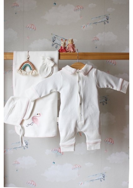 Flamingo Nakış Isme Özel 6'lı Bebek Set %100 Pamuk Tulum Battaniye Şapka Eldiven Puset Örtü Yastık fırsatları