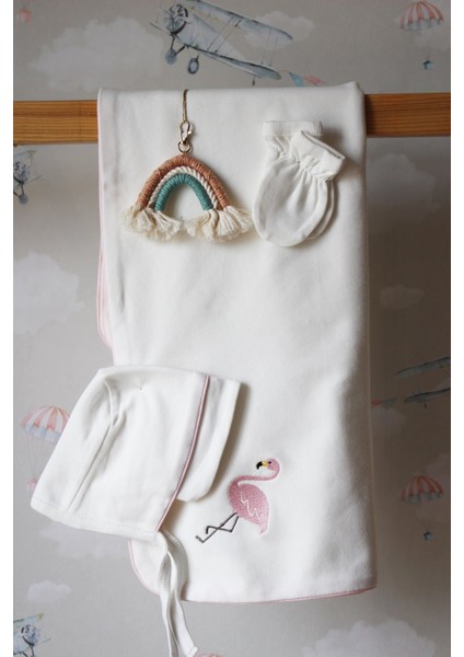 Flamingo Nakış Isme Özel 6'lı Bebek Set %100 Pamuk Tulum Battaniye Şapka Eldiven Puset Örtü Yastık indirimleri