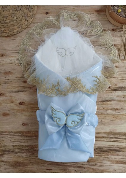 Litaetrend Yenidoğan Shine Kumru Melek Kanat Fiyonklu Gold Dantel Duvaklı Delüks Kundak Bebek Battaniyesi Mavi