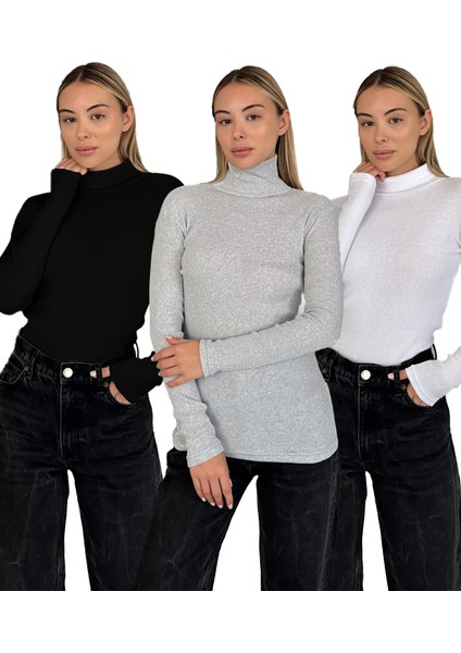 Unisex Pamuklu Balıkçı Yaka Boğazlı Kazak 3'lü Set