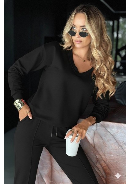 Kadın Uzun Kollu V Yakalı Viskon Iki Iplik Bluz ve Pantolon Ikili Takım modelleri