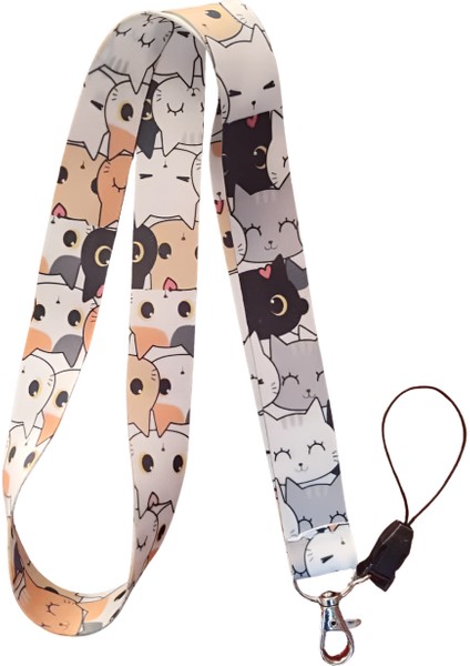 Sevimli Kedi Desenli 3 Boyun Askı Ipi ve Telefon Askısı + Kartlık