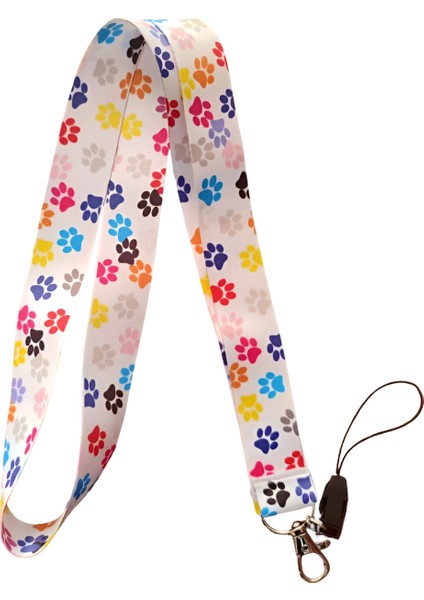 Beyaz Renk Renkli Pati Desenli Boyun Askı Ipi ve Telefon Askısı + Kartlık