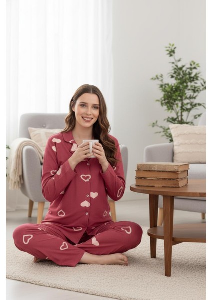 Süet Kumaş Uzun Kollu Düğmeli Kadın Pijama Takımı | Konforlu Kadın Ev Giyim