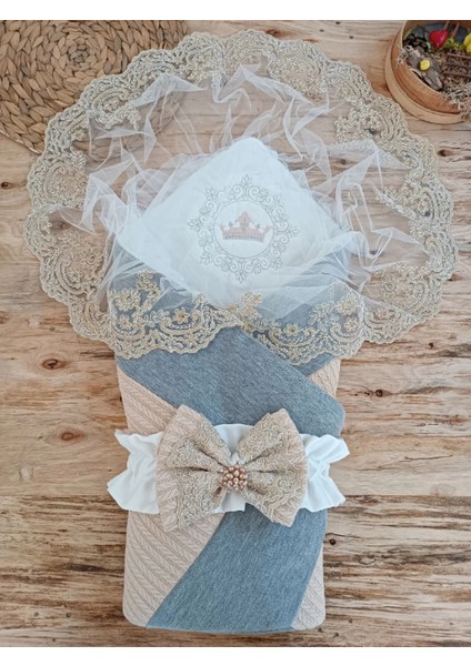 Litaetrend Yenidoğan Teri Cotton Taç Nakışlı Prizma Taş Kundak Bebek Battaniyesi Bej