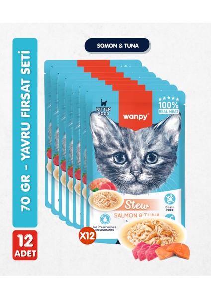 12LI Yavru Kedi Yaş Maması Somon & Ton Balıklı Premium Kalite 12 x 70 gr