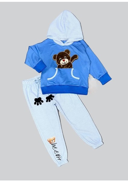 Litaetrend 2-3-4 Yaş Pelüş Ayı Desenli Kapşonlu Uzun Kollu Penye Sweat 2li Erkek Çocuk Takımı Indigo