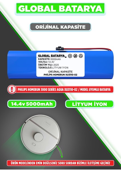 Philips Homerun 3000 Serisi Aqua XU3110-02 Uyumlu Robot Süpürge Bataryası 14.4V 5000MAH Li-Ion Pil (Orijinal Kapasite)
