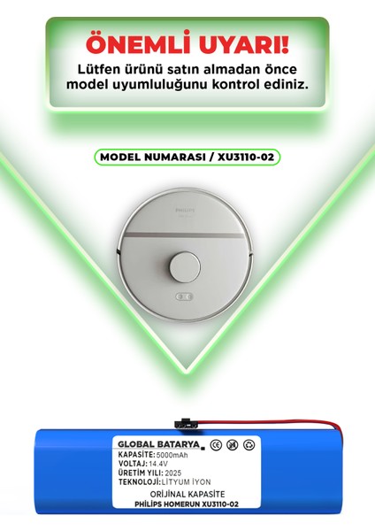 Philips Homerun 3000 Serisi Aqua XU3110-02 Uyumlu Robot Süpürge Bataryası 14.4V 5000MAH Li-Ion Pil (Orijinal Kapasite) indirimleri