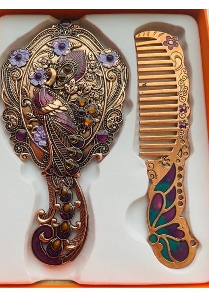 Ayna Tarak Seti, Kutulu-Metal-Hediyelik Takım, 13CM Aynalı Saç Fırçası, Tavuskuşu Figürlü