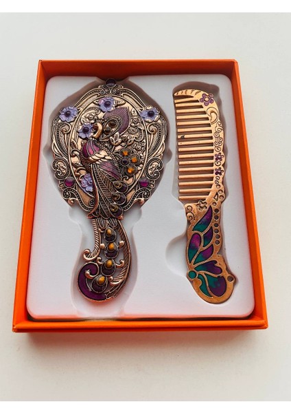 Ayna Tarak Seti, Kutulu-Metal-Hediyelik Takım, 13CM Aynalı Saç Fırçası, Tavuskuşu Figürlü modelleri