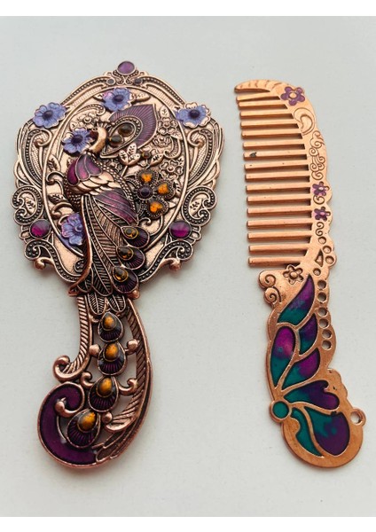 Ayna Tarak Seti, Kutulu-Metal-Hediyelik Takım, 13CM Aynalı Saç Fırçası, Tavuskuşu Figürlü