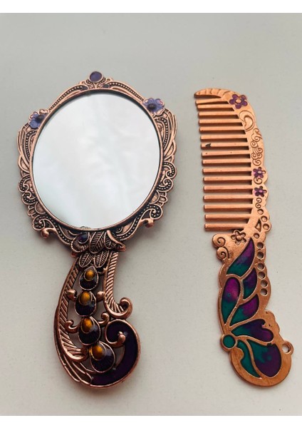 Ayna Tarak Seti, Kutulu-Metal-Hediyelik Takım, 13CM Aynalı Saç Fırçası, Tavuskuşu Figürlü