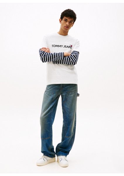 Bisiklet Yaka Baskılı Beyaz Erkek T-Shirt DM0DM21585YBL Tjm Reg Badge Play Te