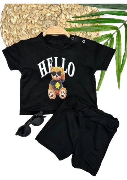 Litaetrend 9-12-18-24 Ay Hello Gözlüklü Ayıcık Baskılı Şortlu Kısa Kollu Tişört 2li Erkek Bebek Takımı