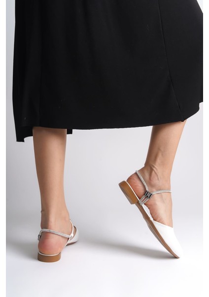 Arıana Lastikli Ortopedik Rahat Taban Bilekten Taş Detaylı Kadın Babet Ayakkabı Ckt - Beyaz modelleri