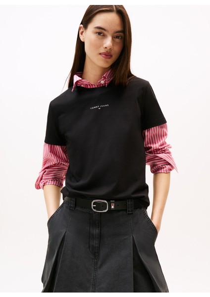 Yuvarlak Yaka Baskılı Siyah Kadın T-Shirt DW0DW21964BDS