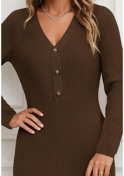 Kadın Uzun Kollu V Yakalı Önden Düğmeli Kısa Triko Elbise fiyatları