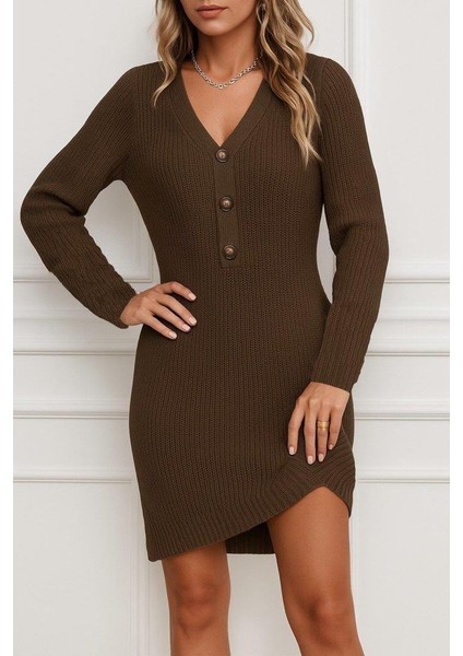 Kadın Uzun Kollu V Yakalı Önden Düğmeli Kısa Triko Elbise modelleri