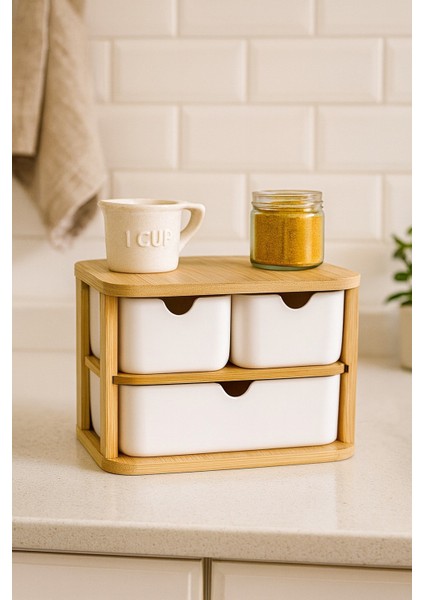 Doğal Bambu Çok Amaçlı 3 Gözlü Çekmeceli Organizer BR-6711 fiyatları