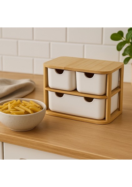 Doğal Bambu Çok Amaçlı 3 Gözlü Çekmeceli Organizer BR-6711 modelleri