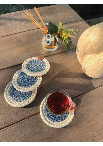 Tekstil 4 Adet Yuvarlak Bardak Altlığı- Leke Tutmaz- Beyaz-Mavi 13X13 cm