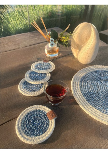 Tekstil 4 Adet Yuvarlak Bardak Altlığı- Leke Tutmaz- Beyaz-Mavi 13X13 cm fiyatları