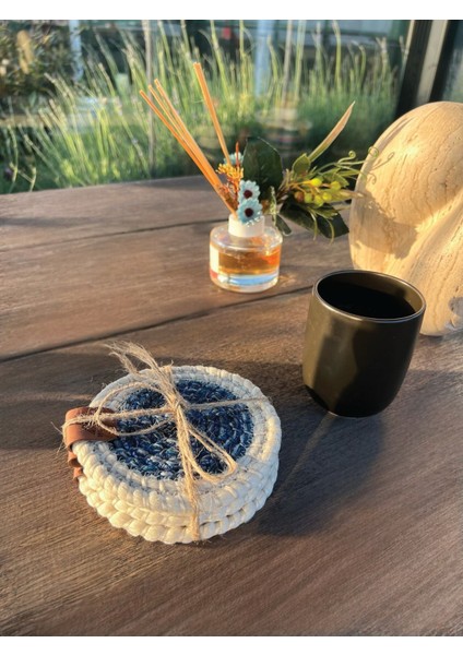 Tekstil 4 Adet Yuvarlak Bardak Altlığı- Leke Tutmaz- Beyaz-Mavi 13X13 cm fırsatları