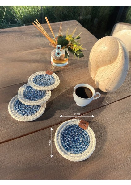 Tekstil 4 Adet Yuvarlak Bardak Altlığı- Leke Tutmaz- Beyaz-Mavi 13X13 cm indirimleri
