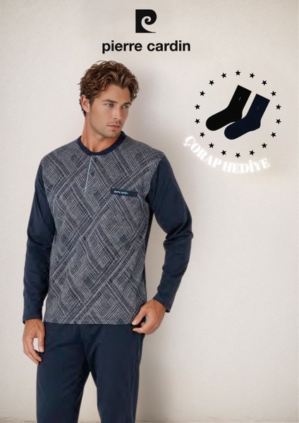 Erkek %100 Pamuk Uzun Kol Jakarlı & Düğme Detaylı Pijama Takımı (2 Adet Hediye Çorap) L1.PC.6108.001