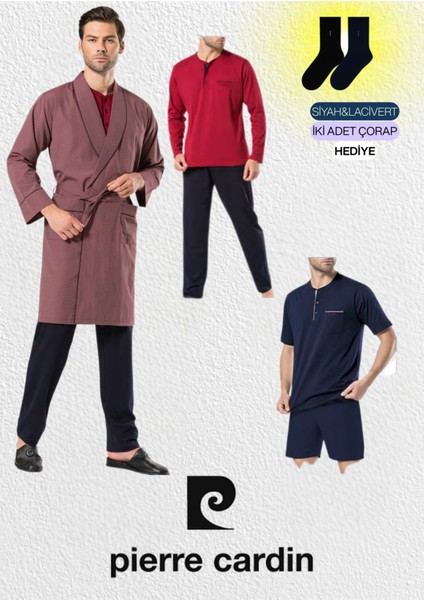 Erkek 5 Parça Robdöşambr & Uzun Kollu - Kısa Kollu Pijama Takımı (2 Adet Çorap Hediyeli)