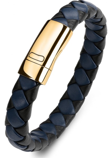 Spor & Business Kombin Altın Renk Mavi Siyah Deri Erkek Bileklik