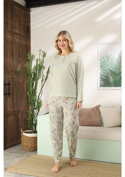 3 Düğmeli Uzun Kollu Kadın Pamuklu Pijama Takımı