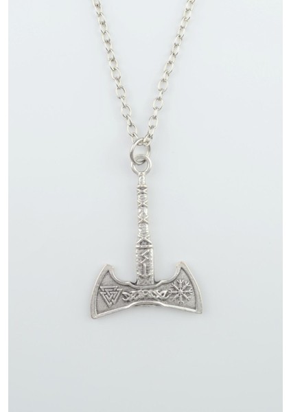 Viking Run Sembol Balta Gümüş Kaplama Düz Zincir Kolye