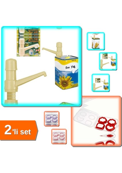 Sıvı Yağ Pompası + 8 Farklı Şekilli 4lü Kurabiye Kalıbı Kutulu Set - Mutfakta Kolaylık ve Şıklık L3M2FR