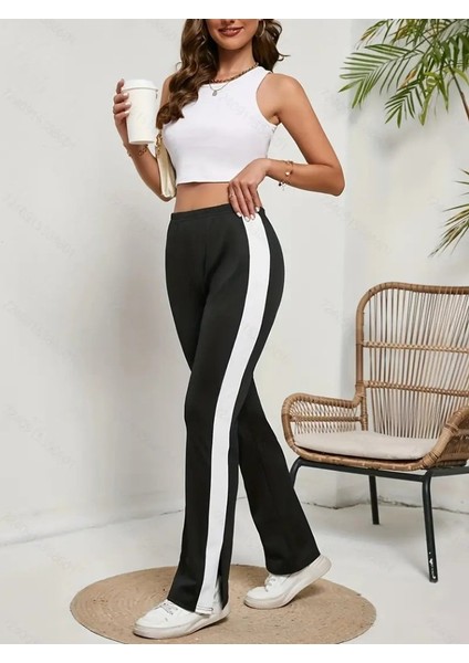 Kadın Yüksek Bel Yan Şerit Detaylı Yırtmaçlı Viskon Iki Iplik Pantolon
