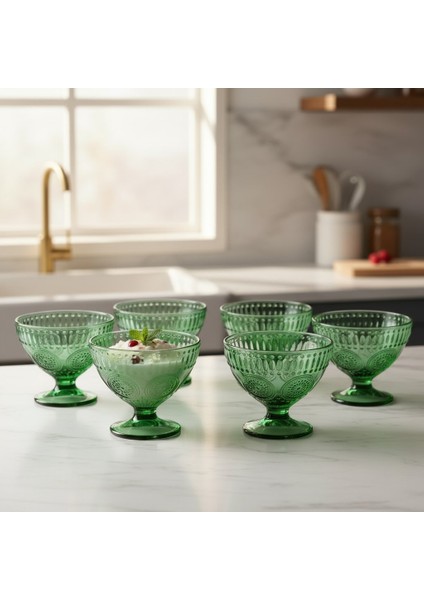 Güneş Desen Yeşil Dondurma – Tatlı – Çerez Cam Kase Takımı – 6 x 260 ml