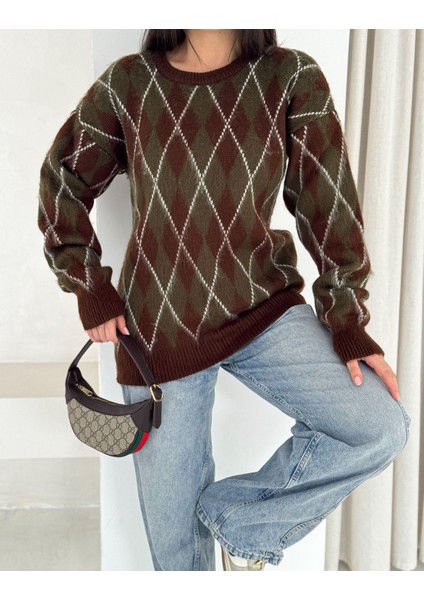 Kadın Bisiklet Yaka Ekoseli Baklava Desenli Şardonlu Yumuşak Triko Kazak