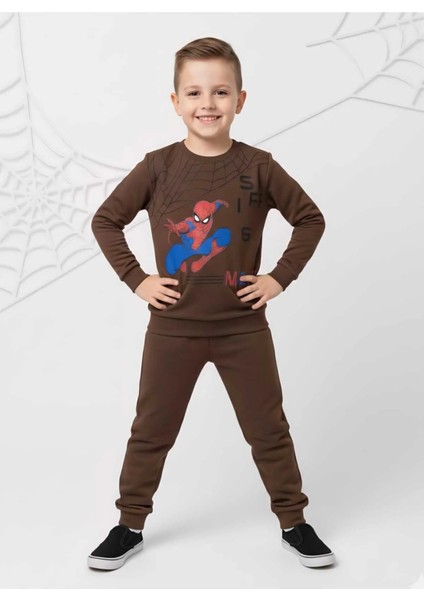 Erkek Çocuk Örümcek Adam Baskılı Kahverengi Eşofman Takımı