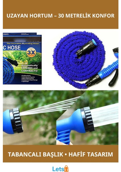 Uzayan Hortum 30 Metre Dayanıklı Su Geçirmez Tabancalı Bahçe Hortumu