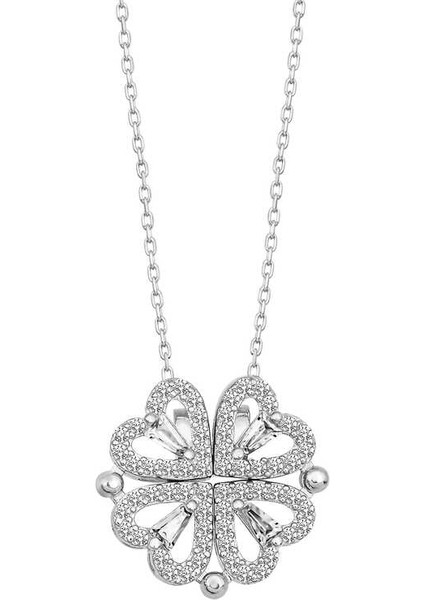 925 Ayar Gümüş Kalpli Açılabilen Yonca Kadın Gümüş Kolye T6981 (800800)